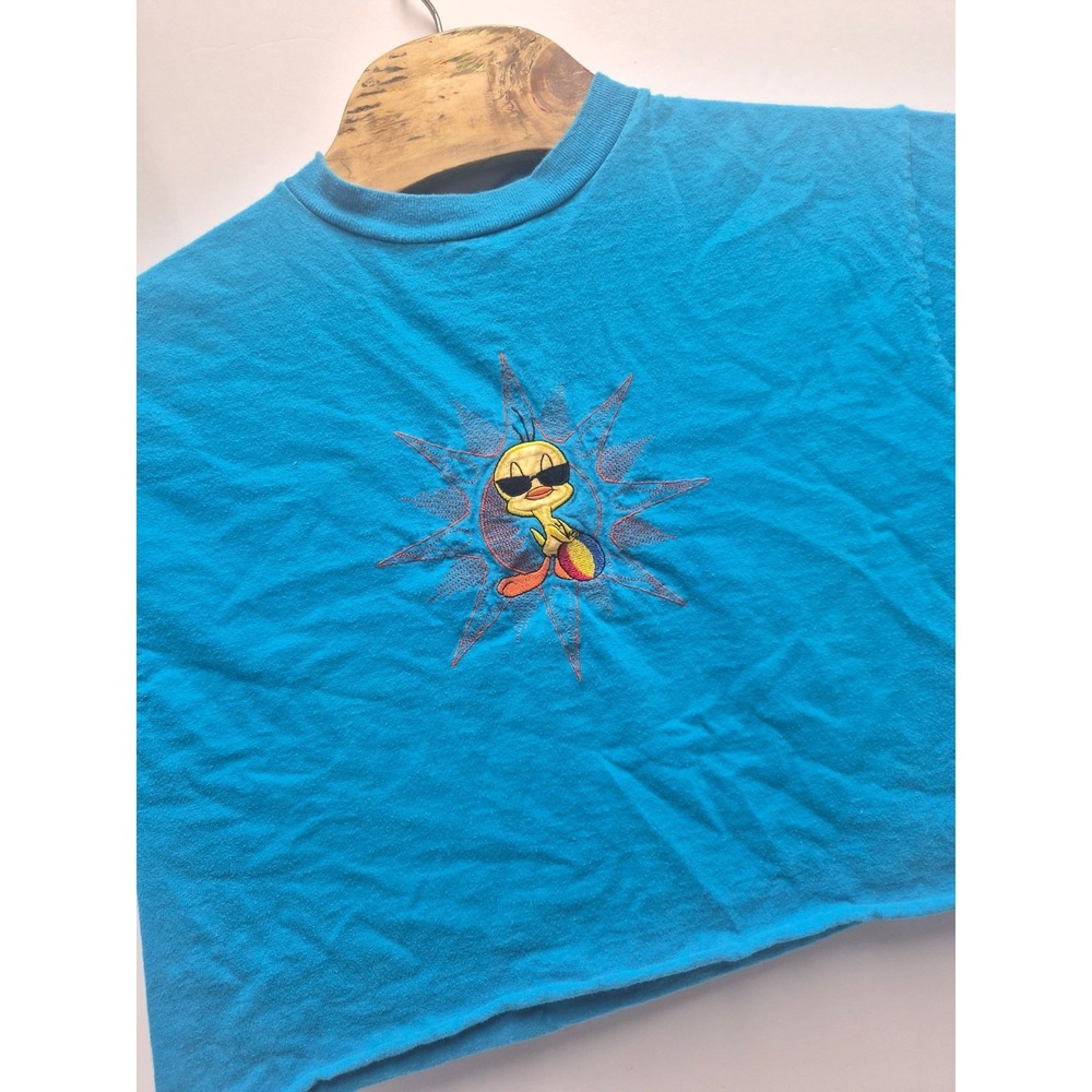 Looney Tunes Vintage‎ 1997 Tweety Bird Blue T-Shirt Cropped Size Large USA Made